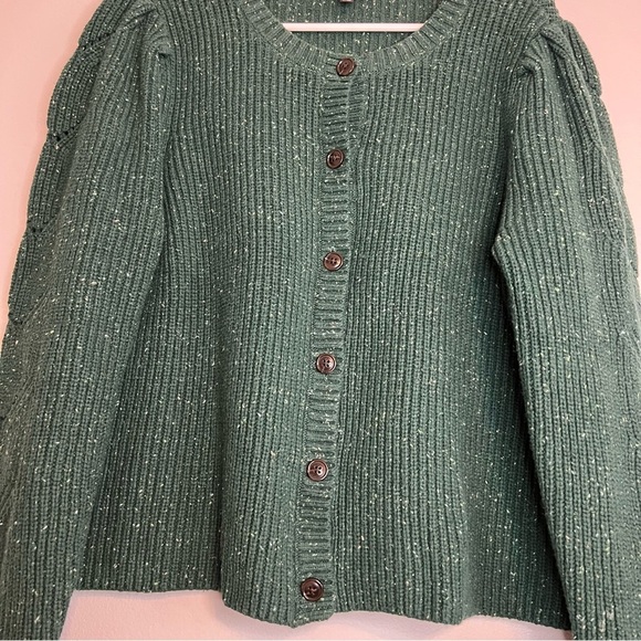 Talbots Button Up Cardigan Green Ruffle Sleeve Cable Knit Sz XL Country grandma - Picture 5 of 11